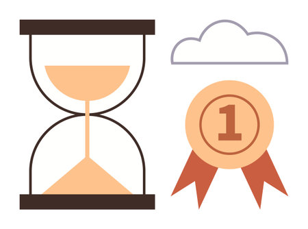 Hourglass with flowing sand, a cloud icon, and a first-place medal with ribbons. Ideal for time...