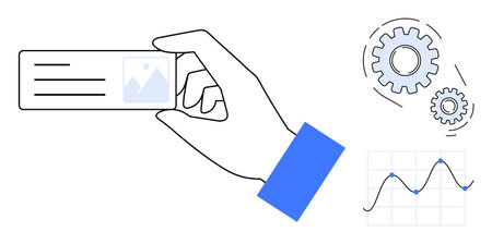 Hand grasping business card, mechanical gears and graph emphasizing innovation, productivity, and process. Ideal for business, data, design, workflow, strategy automation simple flat metaphorのイラスト素材