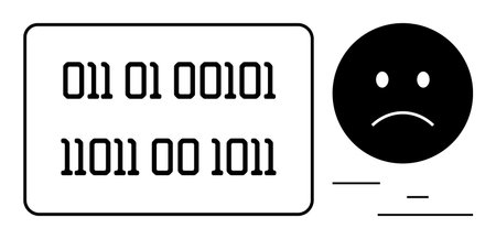 Sad face with binary code highlighting digital challenge, error, or miscommunication. Ideal for...