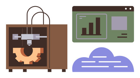 3D printer crafting a gear, data chart on a screen for analytics, and a cloud graphic. Ideal for...
