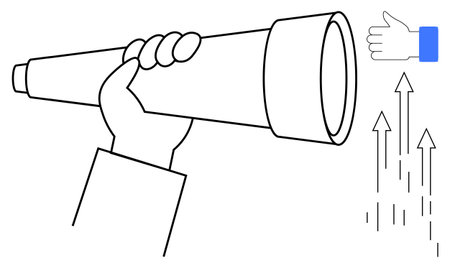Hand gripping telescope, signifying vision or strategy. Growth arrows symbolize progress, approval...