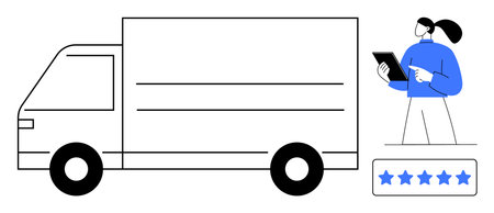 Large delivery truck alongside a woman holding a tablet and pointing, with a star rating element. Ideal for shipping, logistics, quality management, customer feedback, delivery apps, online reviewsのイラスト素材
