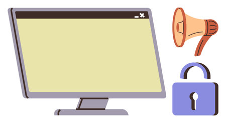 Computer monitor, orange megaphone, and blue padlock symbolizing online communication, marketing, cybersecurity, and information protection. Ideal for technology, security, marketing awarenessのイラスト素材