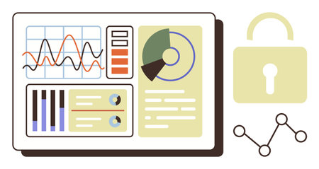 Analytical dashboard featuring charts, graphs, and reports paired with a security lock. Ideal for...