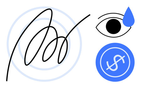 Eye with tear, looping scribble, and dollar sign in blue circle. Ideal for creativity, emotion,...
