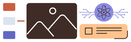 Landscape image, atomic model, and information card representing data sharing and science...
