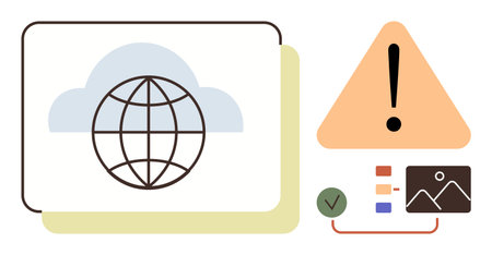 Globe within a cloud, triangular alert sign, image and data icons visualize internet, security, data...