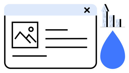 Browser window sketch featuring an image placeholder and text, paired with a blue water drop and...