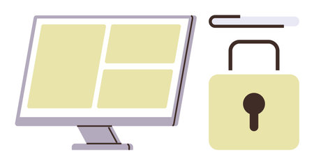 Monitor displaying a grid, secure padlock, and password entry bar representing cybersecurity, access control, online safety, data protection, privacy tools, technology security, simple flat metaphorのイラスト素材