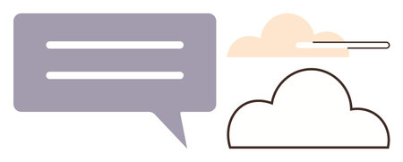 Speech bubble with text lines beside filled and outlined cloud shapes representing communication,...