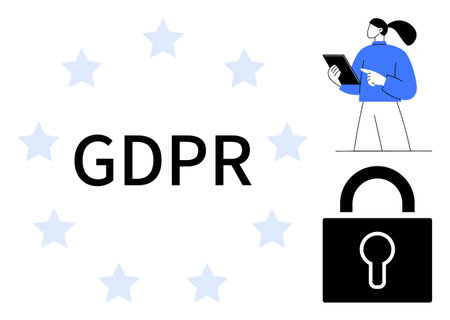 GDPR text with padlock symbol, stars, and professional using a tablet. Ideal for privacy, data...