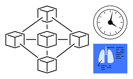 Interconnected cubes represent network or blockchain, paired with a clock symbolizing time, and...