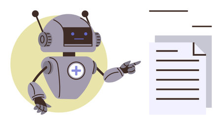 Futuristic robot with metallic arms pointing at a document, representing AI assistance for...
