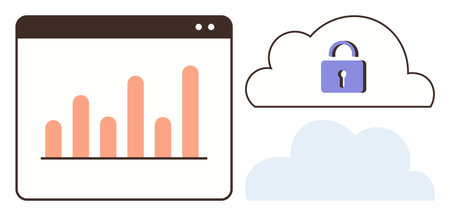 Bar chart inside web browser and cloud with padlock emphasizing data analysis, online protection,...