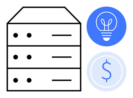 Data server stack alongside a light bulb for innovation and a dollar sign for finance. Ideal for...