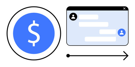 Blue dollar sign in a circle next to a chat message interface representing digital transaction flow....