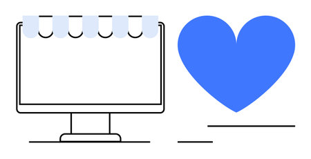 Desktop screen with storefront awning beside a large blue heart. Ideal for e-commerce, online...