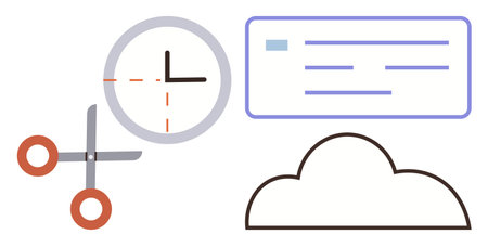 Clock representing time, scissors symbolizing editing or cutting, checklist for organization, and...