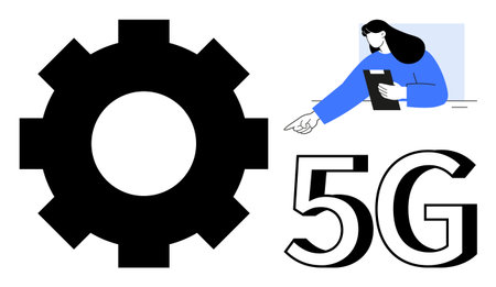 Large gear, woman pointing while holding a tablet, and bold 5G text emphasizing technology,...