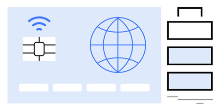 Microchip with wireless signal, globe icon, and stack of data blocks highlighting digital connectivity, online payments, and technology networks. Ideal for fintech, e-commerce, payment securityのイラスト素材