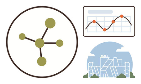 Network diagram with green nodes, chart showcasing data trends, and contemporary mall building...