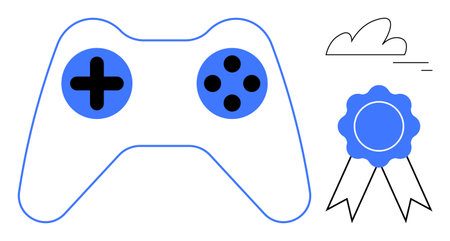 Gaming controller with buttons alongside an award ribbon and cloud. Ideal for gaming, competition,...