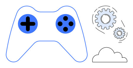 Game controller, gears, and cloud represent gaming, technology integration, cloud services, system...