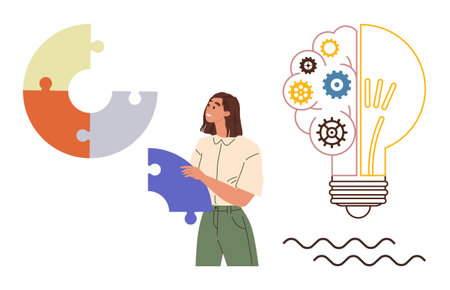 Woman holding a large puzzle piece, connecting it to a vibrant circle of puzzle elements and...