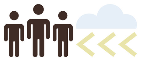 Three human figures beside a cloud with directional arrows imply collaboration, data transfer, and...