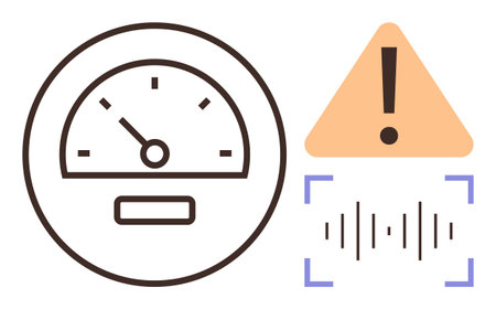 Speed dial, triangular warning sign with exclamation, and sound wave. Ideal for safety, alert, risk...