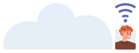 Large cloud graphic with wireless signal above a person s head, representing online connectivity....