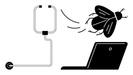 Bug flying over stethoscope and laptop symbolizing troubleshooting, diagnostics, problem-solving,...