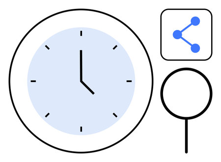 Blue-faced clock, magnifying glass, and network icon. Ideal for time tracking, productivity,...