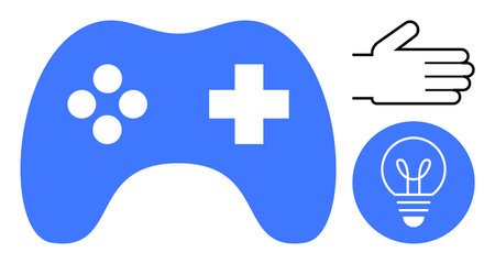 Blue game controller, outlined hand gesture, and light bulb icon represent gaming, interaction,...