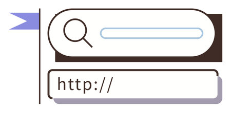 Magnifying glass over search bar and http field suggesting online search and navigation. Ideal for internet, web development, browsing, SEO, digital marketing, user experience, information searchのイラスト素材