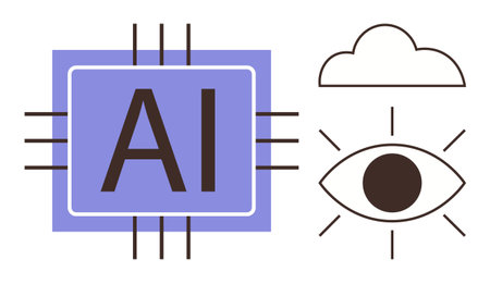 AI microchip, cloud, and stylized eye symbolizing artificial intelligence, data processing, vision,...