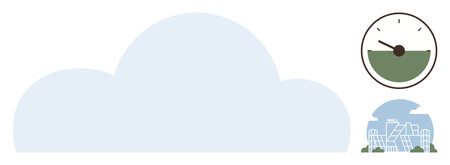 Large cloud overlay with eco-city and gauge symbolizing sustainability and technology. Ideal for...