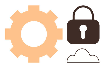 Gear symbolizing operations, lock for security, and cloud for online storage. Ideal for technology, cybersecurity, cloud computing, network, data protection privacy operations. Simple flat metaphorのイラスト素材