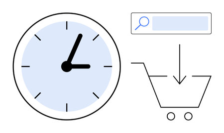 Clock paired with search bar and shopping cart, denoting time efficiency, streamlined shopping....
