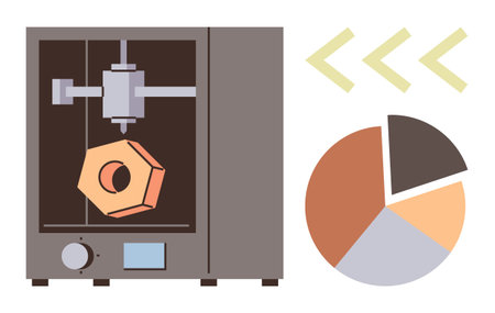 3D printer creating a geometric object paired with a pie chart and arrows. Ideal for technology,...