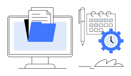 Computer screen with folder and documents, calendar with marked dates, pen, gear with clock icon....
