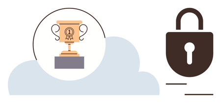 Golden trophy on podium within cloud shape represents achievement. Adjacent padlock symbolizes...