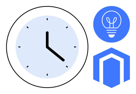 Clock face with minimalist design, blue light bulb symbolizing ideas, and geometric structure. Ideal...