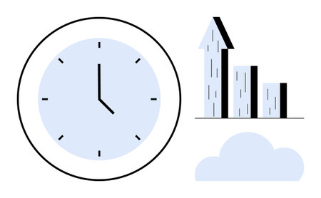 Clock with clear hands, upward bar graph, and cloud icon suggesting productivity, progress, and...