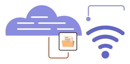 Cloud with lines, folder connected to cloud via cable, wireless icon showing wireless connectivity....