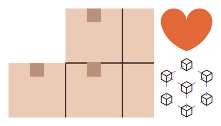 Stacked shipping boxes, a connected cube network, and a heart. Ideal for logistics, supply chain, shipping, e-commerce, teamwork customer care sustainability. Simple flat metaphorのイラスト素材