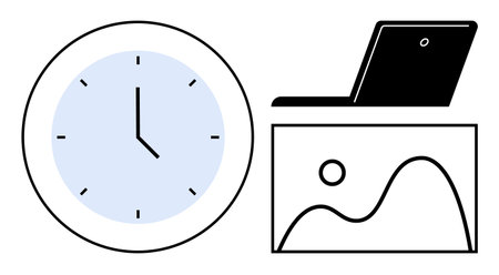 Clock indicating time, laptop for productivity, and data chart visual. Ideal for time planning,...