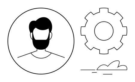Male profile inside a circle, gear symbol, and cloud design with minimal lines. Ideal for user settings, technology, teamwork, innovation, software cloud computing automation. Simple flat metaphorのイラスト素材