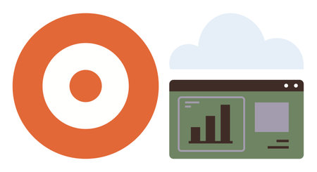 Orange target symbol alongside a digital analytics dashboard with bar chart under a cloud. Ideal for...