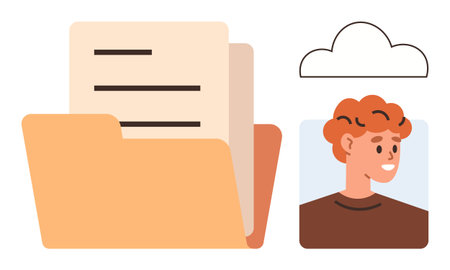 Open folder with documents, a profile photo, and a cloud icon for digital organization, personal...